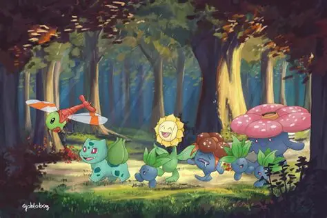 Pokemon playing in a forest